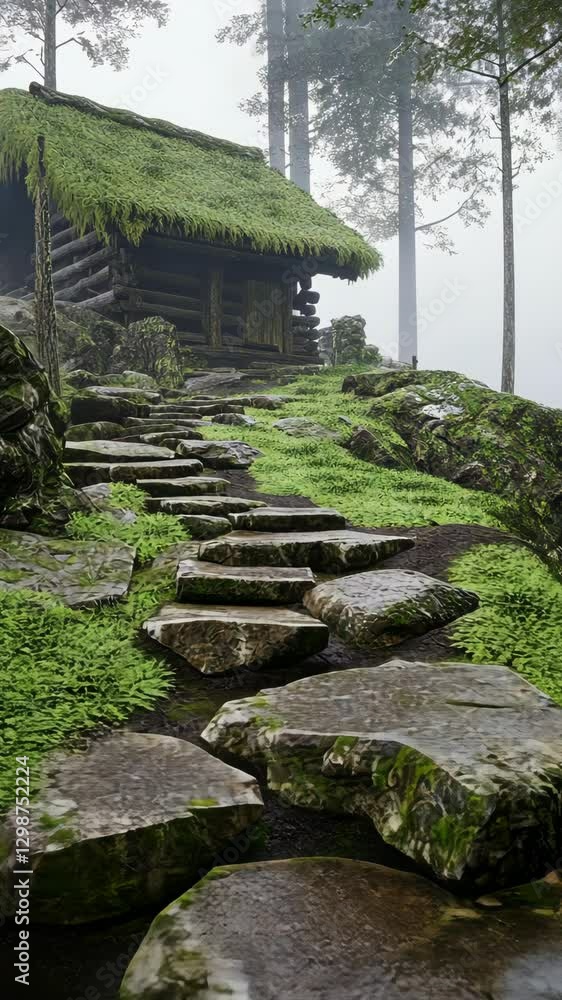 Stone pathway leads to a rustic cabin surrounded by lush greenery and fog in a serene forest setting Stone pathway leads to a rustic cabin surrounded by lush greenery and fog in a serene forest setting