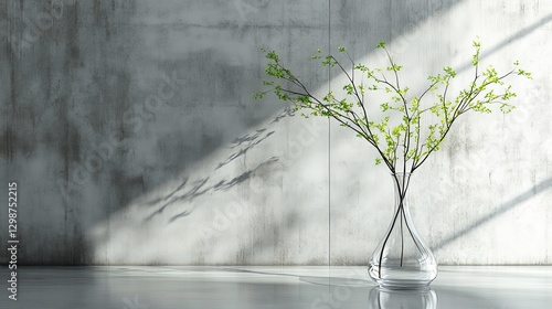 Elegant Spring Branches in Glass Vase Minimalist Home Decor Modern Interior Design Stylish Greenery Bright Sunlight Concrete Wall Background Simple   