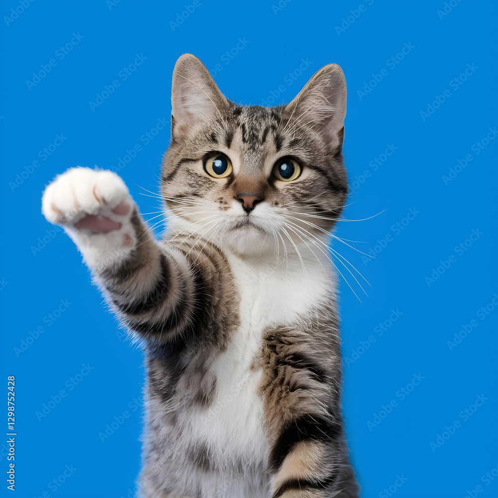 Studio shot of a gray and white striped cat sitting on a blue background, showcasing its natural beauty in a minimalistic and clean composition Studio shot of a gray and white striped cat sitting on a blue background, showcasing its natural beauty in a minimalistic and clean composition