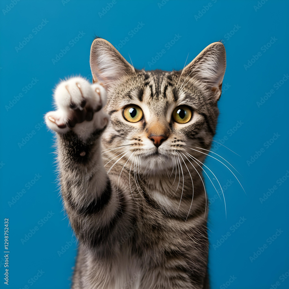Studio shot of a gray and white striped cat sitting on a blue background, showcasing its natural beauty in a minimalistic and clean composition Studio shot of a gray and white striped cat sitting on a blue background, showcasing its natural beauty in a minimalistic and clean composition