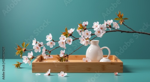Cherry blossom branch with stones in a zen setting

