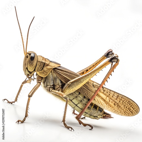 Ultra-Detailed Macro Photography of a Locust: Powerful Legs, Wings, and Intricate Body Details on Pure White Background