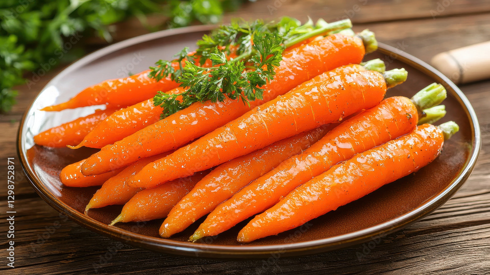Fresh carrots on stylish plate with green garnish, perfect for healthy meals Fresh carrots on stylish plate with green garnish, perfect for healthy meals