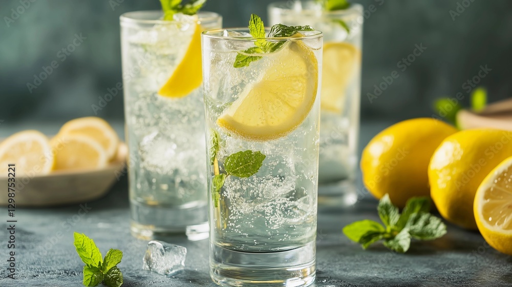 Three glasses of lemonade with a slice of lemon in each. The glasses are on a table with a bowl of lemons and a bowl of mint. Three glasses of lemonade with a slice of lemon in each. The glasses are on a table with a bowl of lemons and a bowl of mint.