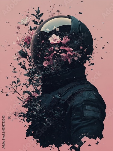 La imagen muestra un astronauta con flores que emergen de su casco, fusionando naturaleza y el espacio. photo