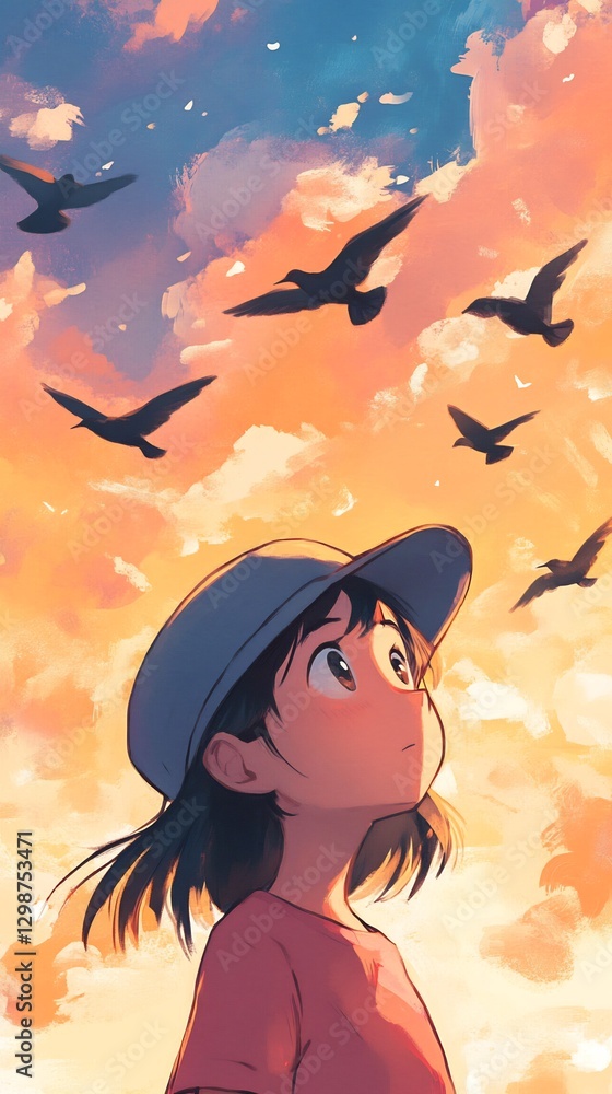 Fototapeta premium anime girl hat birds pastel mist