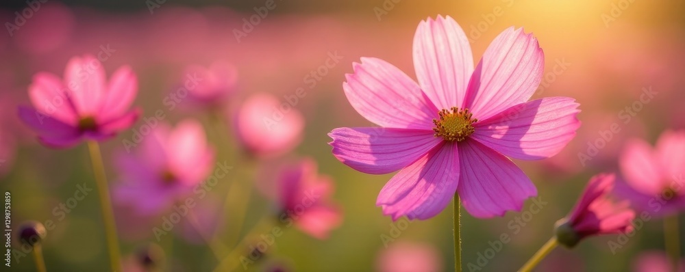 Delicate cosmos blooms, vibrant pink petals, soft sunlight , texture, petals Delicate cosmos blooms, vibrant pink petals, soft sunlight , texture, petals