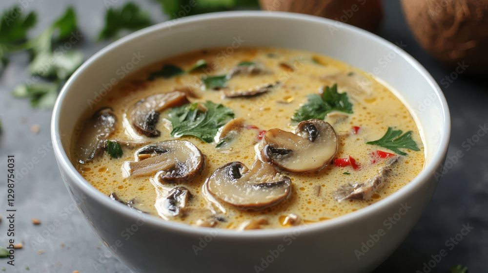 Creamy coconut soup with mushrooms and herbs in elegant bowl Creamy coconut soup with mushrooms and herbs in elegant bowl