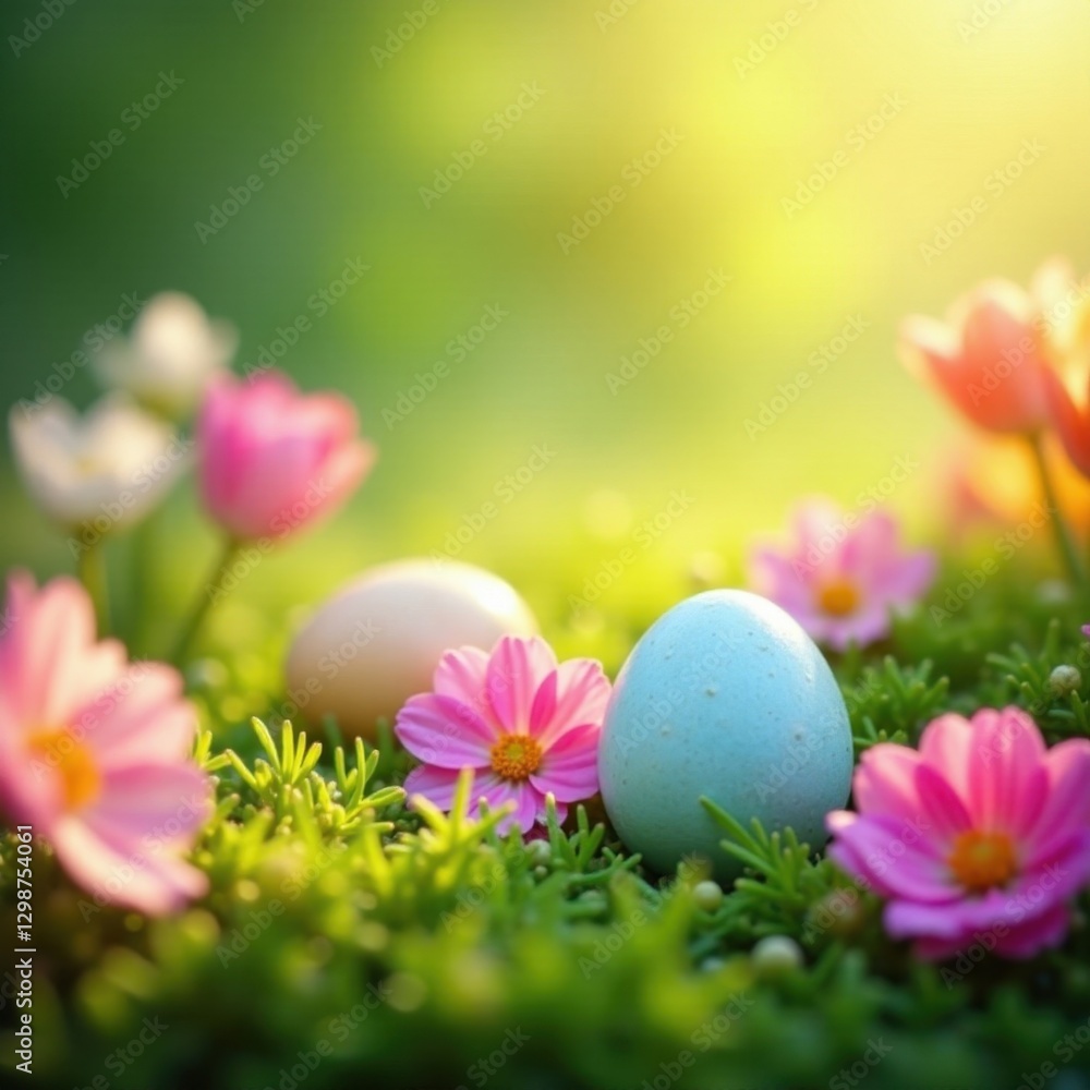 Delicate eggs amid vibrant spring blooms, soft sunlight , pastel, close up Delicate eggs amid vibrant spring blooms, soft sunlight , pastel, close up