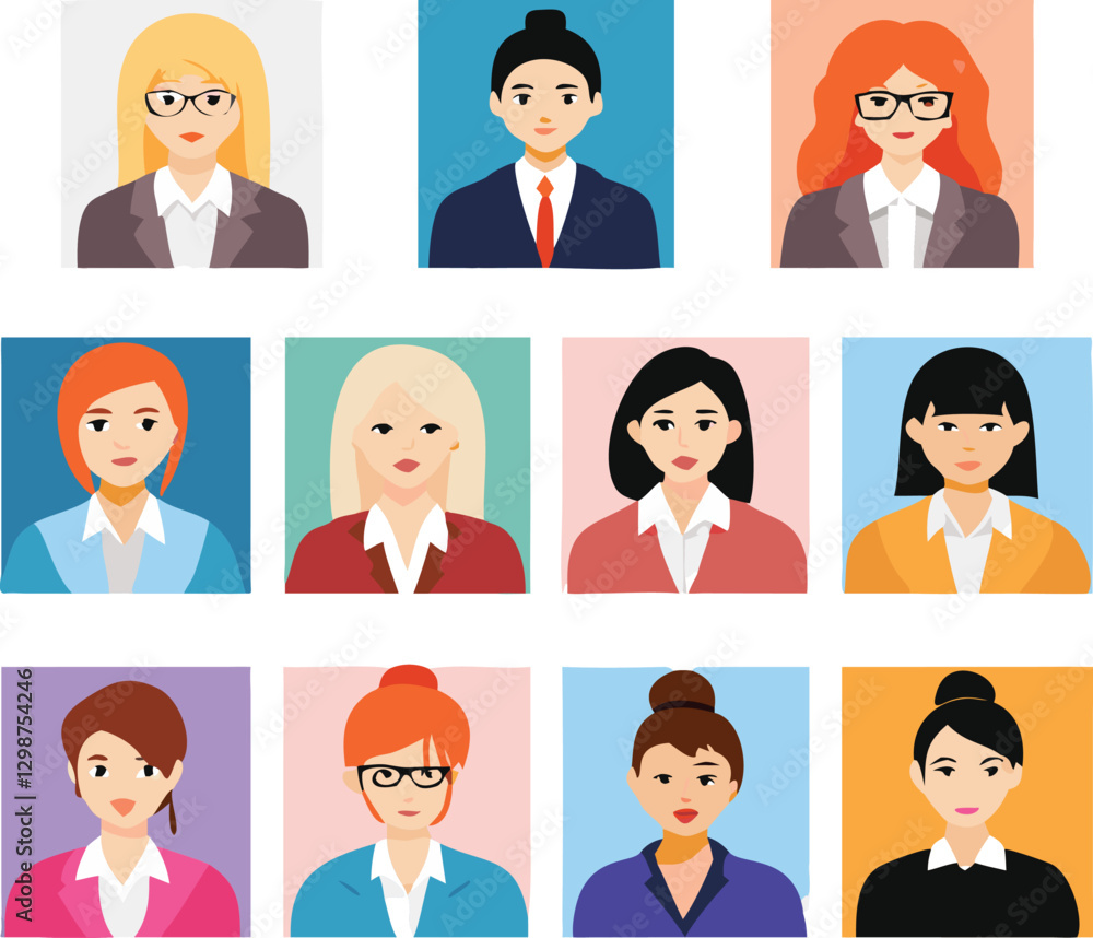 People Icons Set. Team Concept. Diverse business men and women avatar icons. Vector illustration of flat design people characters.