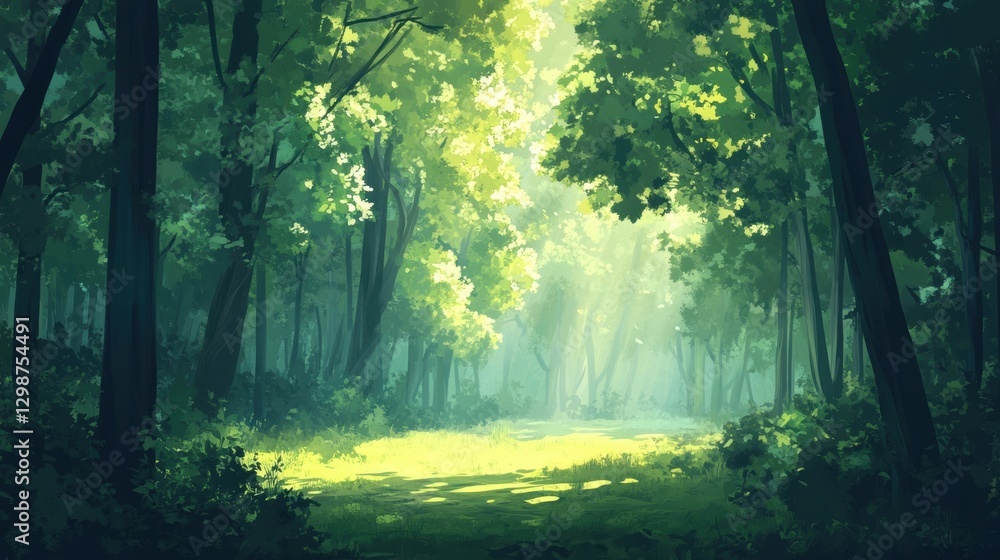 Obraz premium sunlit forest path lush green trees tranquil nature scene