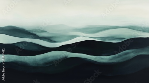 Abstract landscape art depicting soft waves in shades of teal and black, modern wall decor for home or office, calming nature-inspired design, minimalist aesthetic.