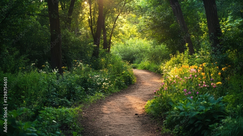Obraz premium sunlit forest path with wildflowers