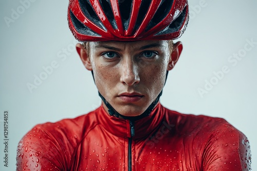 Un ciclista decidido, con mirada intensa, luciendo un traje rojo y gotas de lluvia en su piel. photo