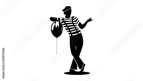Mime with balloon, black isolated silhouette