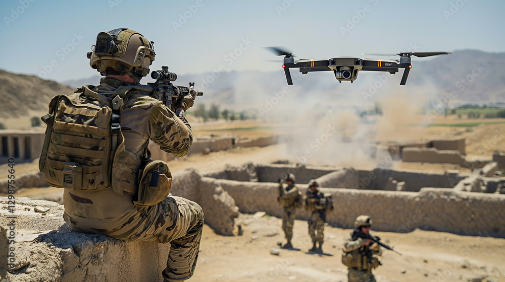 Soldier aiming at a drone in a desert combat scenario. Soldier aiming at a drone in a desert combat scenario.
