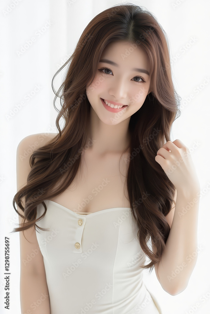 Female Asian Model with Long Hair - Young Beautiful Woman with Wavy Hair - Studio Portrait of Asian Beauty for Fashion, Cosmetic, Skincare - Posing on White Background - Smooth Styled Hair Female Asian Model with Long Hair - Young Beautiful Woman with Wavy Hair - Studio Portrait of Asian Beauty for Fashion, Cosmetic, Skincare - Posing on White Background - Smooth Styled Hair