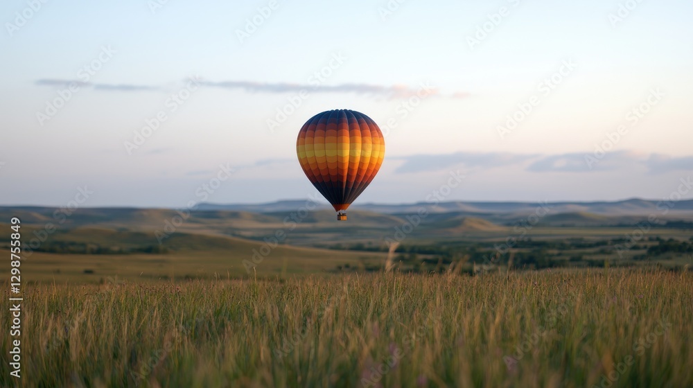 Fototapeta premium Hot air balloon over grassy plains at dawn