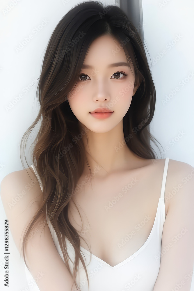 Female Asian Model with Long Hair - Young Beautiful Woman with Wavy Hair - Studio Portrait of Asian Beauty for Fashion, Cosmetic, Skincare - Posing on White Background - Smooth Styled Hair Female Asian Model with Long Hair - Young Beautiful Woman with Wavy Hair - Studio Portrait of Asian Beauty for Fashion, Cosmetic, Skincare - Posing on White Background - Smooth Styled Hair