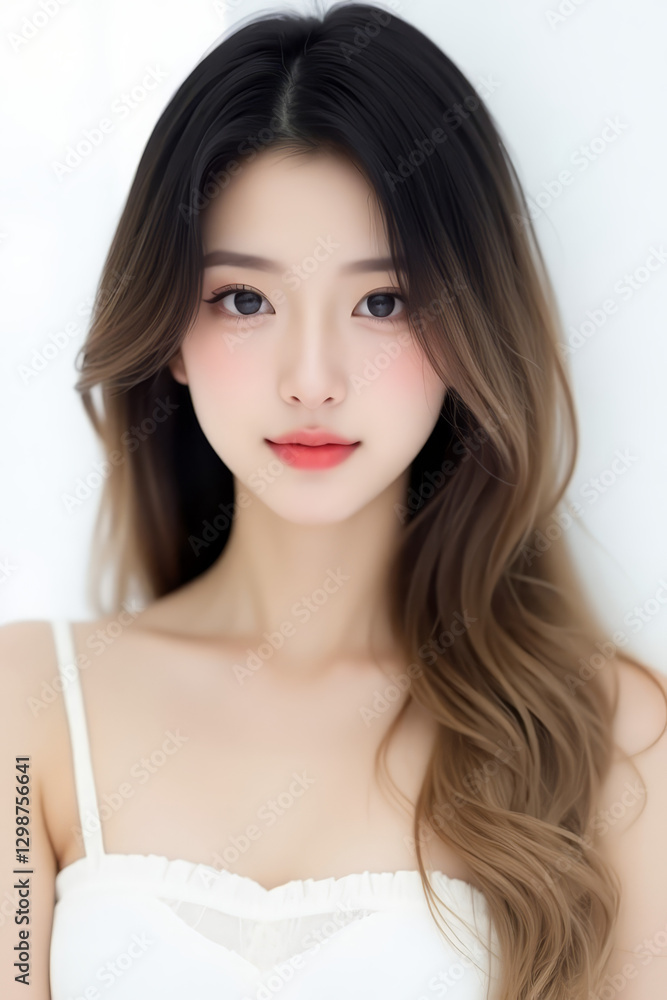 Female Asian Model with Long Hair - Young Beautiful Woman with Wavy Hair - Studio Portrait of Asian Beauty for Fashion, Cosmetic, Skincare - Posing on White Background - Smooth Styled Hair