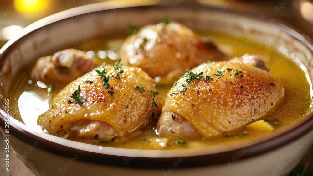 warm bowl of golden chicken soup with herbs, perfect for comfort warm bowl of golden chicken soup with herbs, perfect for comfort