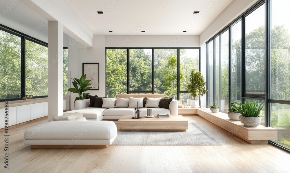 Fototapeta premium Modern Bright Living Room with Large Windows Overlooking Lush Green Garden and Minimalist Furniture in Contemporary Design Aesthetic