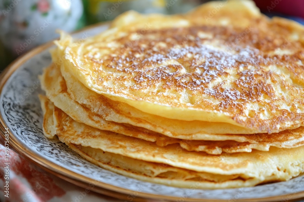 Deliciosas tortillas apiladas, doradas y espolvoreadas con azúcar, lucen irresistibles en un plato elegante. Deliciosas tortillas apiladas, doradas y espolvoreadas con azúcar, lucen irresistibles en un plato elegante.