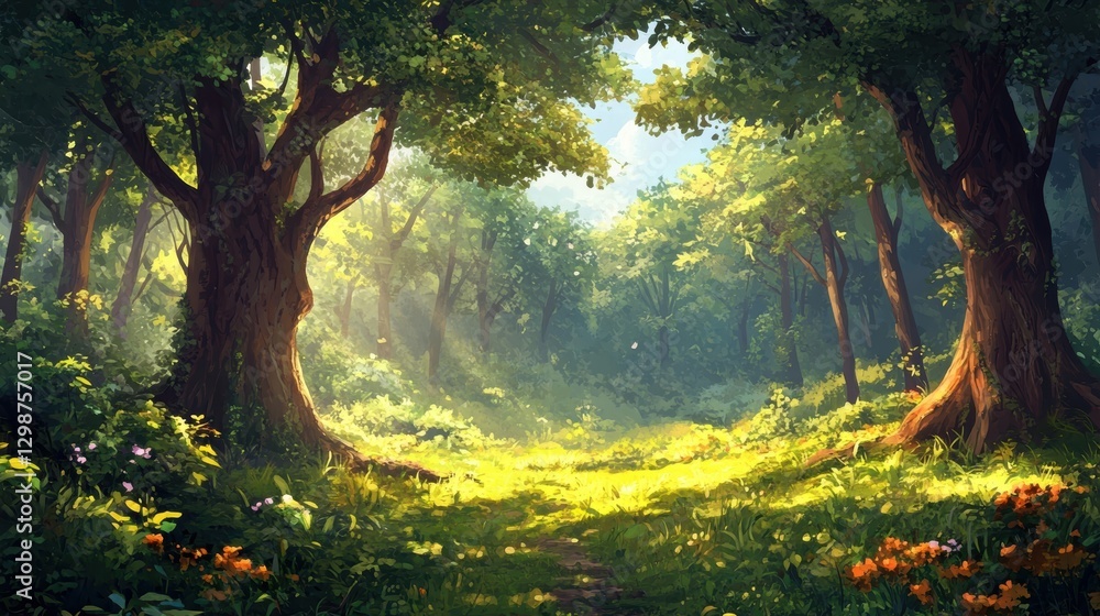Fototapeta premium sunlit forest path magical woodland scene