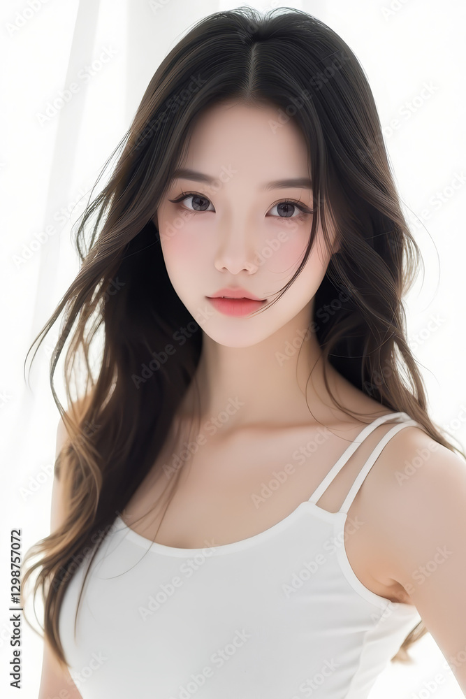 Female Asian Model with Long Hair - Young Beautiful Woman with Wavy Hair - Studio Portrait of Asian Beauty for Fashion, Cosmetic, Skincare - Posing on White Background - Smooth Styled Hair Female Asian Model with Long Hair - Young Beautiful Woman with Wavy Hair - Studio Portrait of Asian Beauty for Fashion, Cosmetic, Skincare - Posing on White Background - Smooth Styled Hair