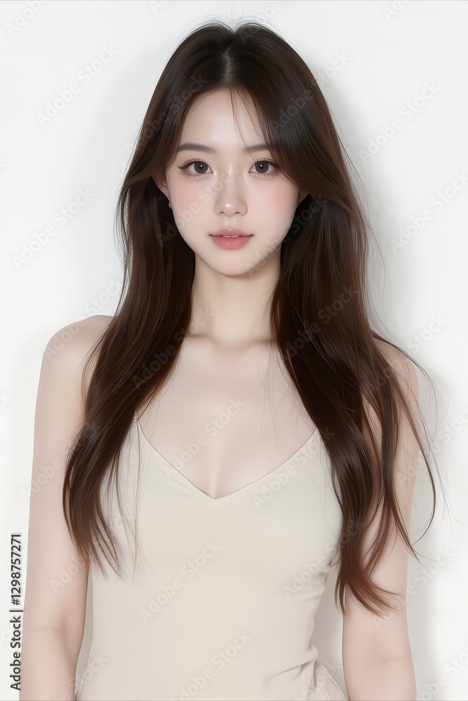 Female Asian Model with Long Hair - Young Beautiful Woman with Wavy Hair - Studio Portrait of Asian Beauty for Fashion, Cosmetic, Skincare - Posing on White Background - Smooth Styled Hair Female Asian Model with Long Hair - Young Beautiful Woman with Wavy Hair - Studio Portrait of Asian Beauty for Fashion, Cosmetic, Skincare - Posing on White Background - Smooth Styled Hair