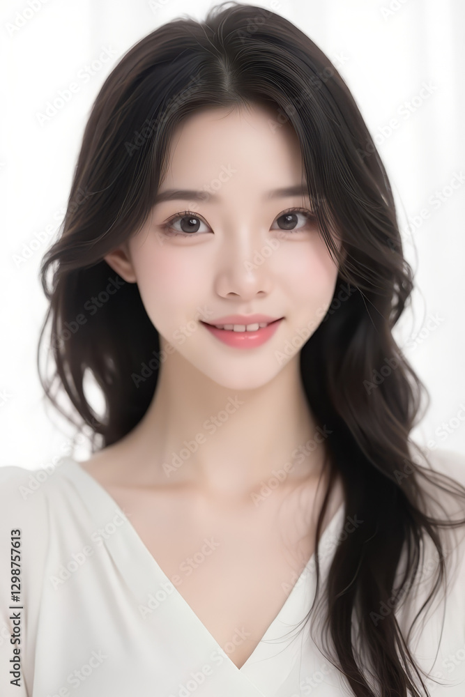 Female Asian Model with Long Hair - Young Beautiful Woman with Wavy Hair - Studio Portrait of Asian Beauty for Fashion, Cosmetic, Skincare - Posing on White Background - Smooth Styled Hair Female Asian Model with Long Hair - Young Beautiful Woman with Wavy Hair - Studio Portrait of Asian Beauty for Fashion, Cosmetic, Skincare - Posing on White Background - Smooth Styled Hair