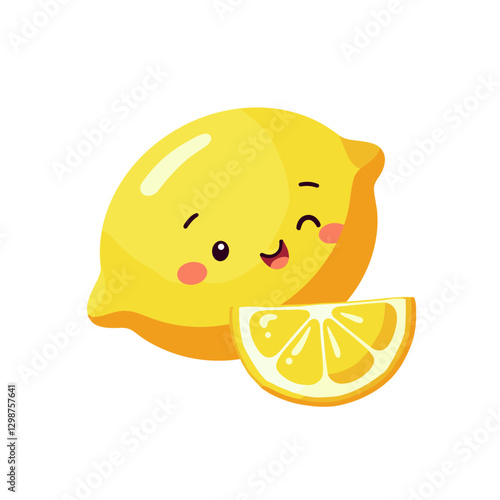 Cheerful Lemon Character with Slice: A cute cartoon lemon winking and smiling with a lemon wedge on a