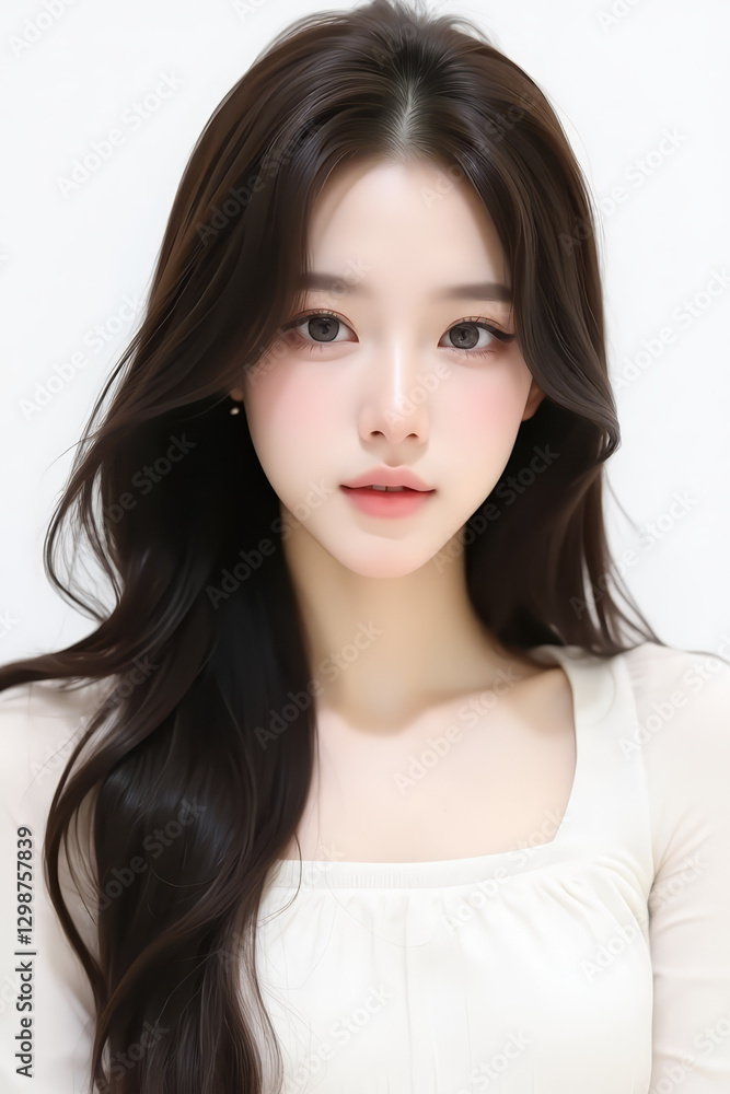 Female Asian Model with Long Hair - Young Beautiful Woman with Wavy Hair - Studio Portrait of Asian Beauty for Fashion, Cosmetic, Skincare - Posing on White Background - Smooth Styled Hair Female Asian Model with Long Hair - Young Beautiful Woman with Wavy Hair - Studio Portrait of Asian Beauty for Fashion, Cosmetic, Skincare - Posing on White Background - Smooth Styled Hair