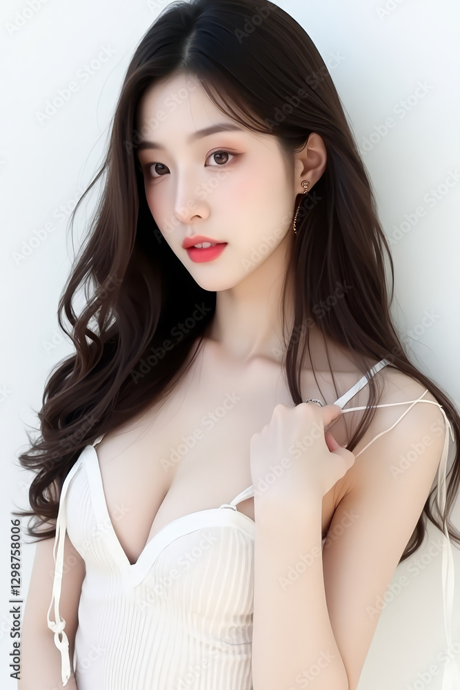 Naklejka premium Female Asian Model with Long Hair - Young Beautiful Woman with Wavy Hair - Studio Portrait of Asian Beauty for Fashion, Cosmetic, Skincare - Posing on White Background - Smooth Styled Hair