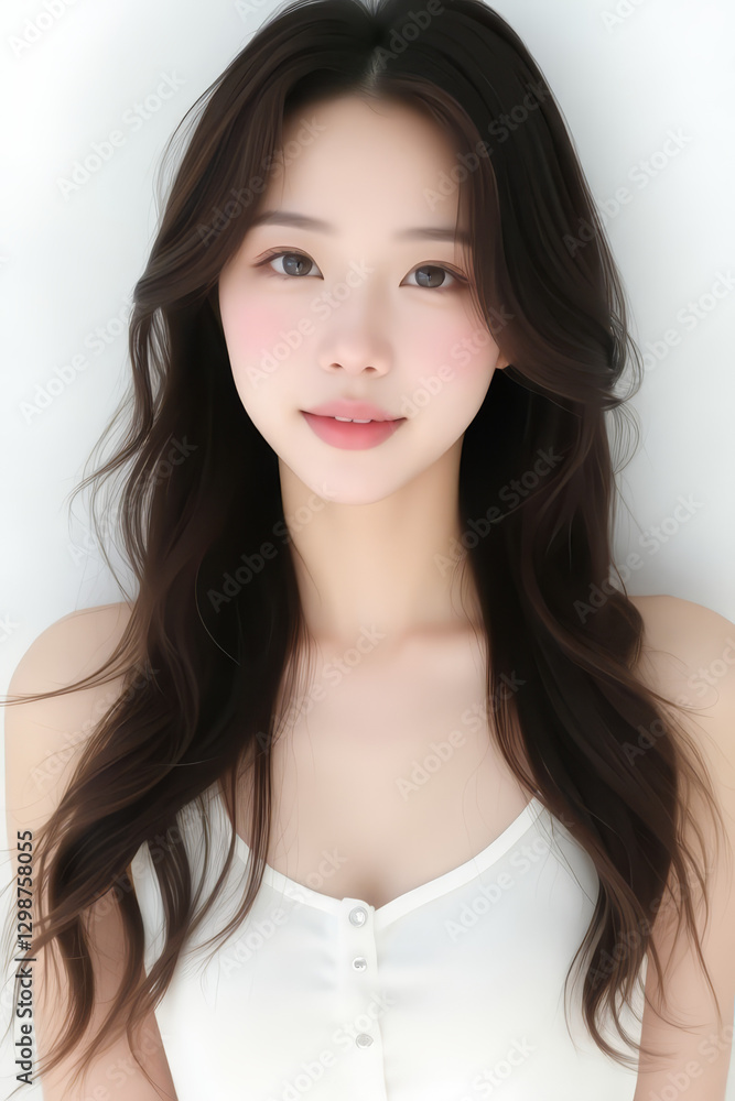 Female Asian Model with Long Hair - Young Beautiful Woman with Wavy Hair - Studio Portrait of Asian Beauty for Fashion, Cosmetic, Skincare - Posing on White Background - Smooth Styled Hair Female Asian Model with Long Hair - Young Beautiful Woman with Wavy Hair - Studio Portrait of Asian Beauty for Fashion, Cosmetic, Skincare - Posing on White Background - Smooth Styled Hair
