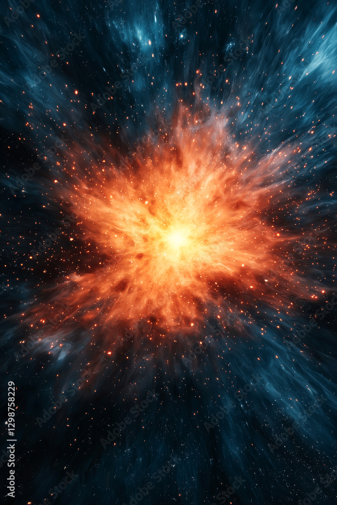 Fototapeta premium A vibrant cosmic explosion with shades of orange and blue representing stellar activity.