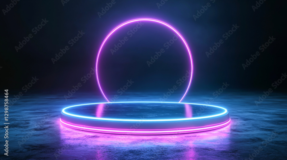 A vibrant neon-lit platform with a circular glow in a dark atmosphere. A vibrant neon-lit platform with a circular glow in a dark atmosphere.