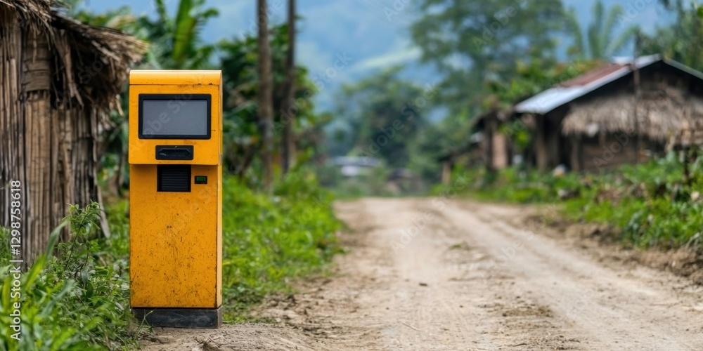 A weathered yellow kiosk stands beside a dirt road, surrounded by lush greenery and rustic huts, illustrating rural life and technology's integration in nature.