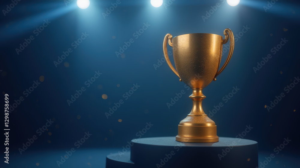 golden trophy on pedestal under bright lights, symbolizing victory and achievement golden trophy on pedestal under bright lights, symbolizing victory and achievement