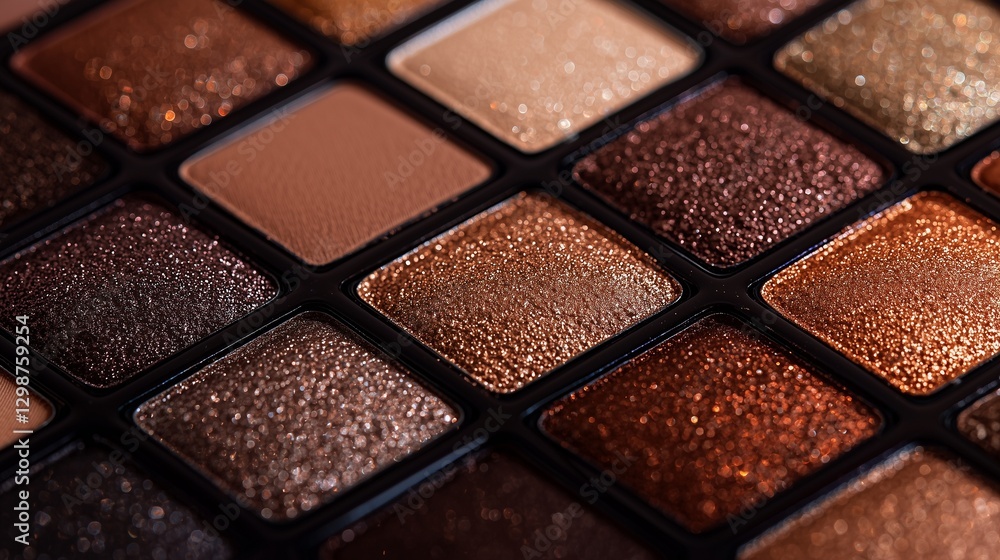 Fototapeta premium Close-up of a brown eyeshadow palette with shimmering shades, highlighting texture and color variety.