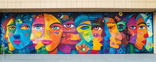 Street art mural with vibrant, interconnected characters representing unity and community harmony, colorful urban setting on a large wall