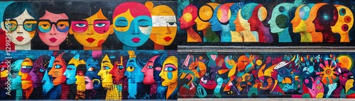 Street art mural with vibrant colors, diverse people in unity, unique characters symbolizing community harmony and artistic expression in a lively urban wall setting