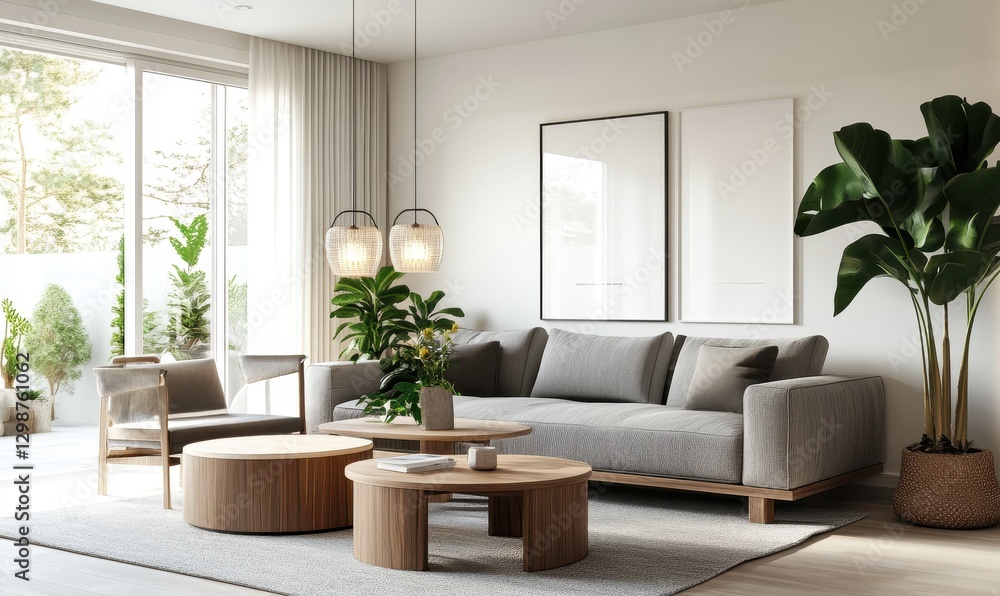Fototapeta premium Modern minimalist living room design featuring a cozy gray sofa, stylish wooden furniture, vibrant green plants, and bright natural light streaming in