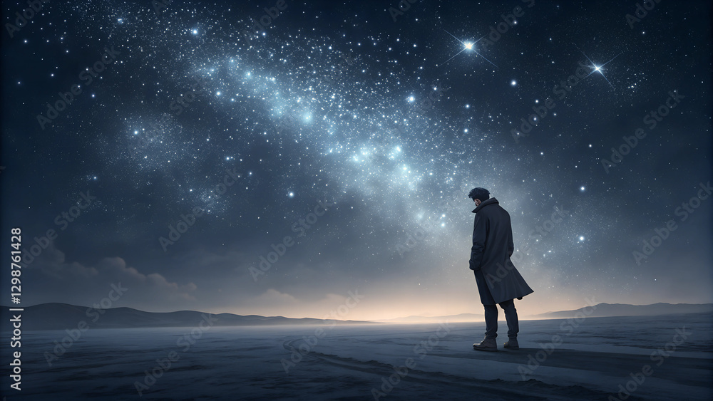 A lonely silhouette of a man against the backdrop of the night starry sky - the concept of loneliness. A lonely silhouette of a man against the backdrop of the night starry sky - the concept of loneliness.