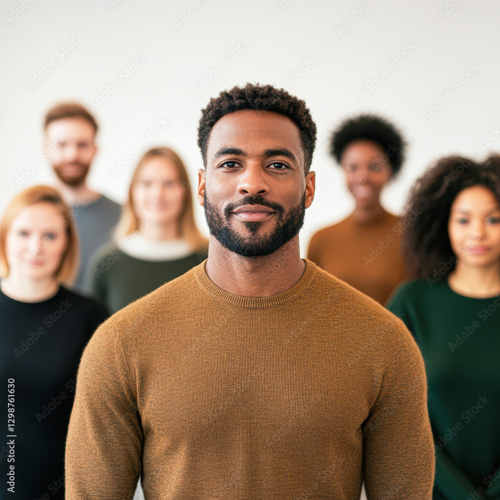 Confident man in front of a diverse group of people. Confident man in front of a diverse group of people.