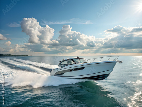 modern motorboat rushes across the sea