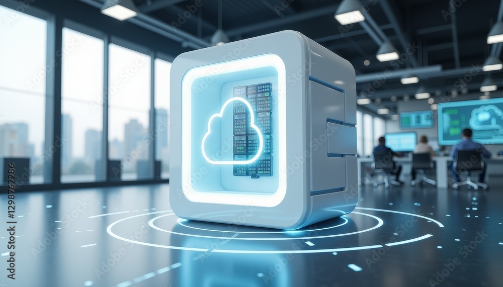 Futuristic cloud storage device in modern office, digital innovation Futuristic cloud storage device in modern office, digital innovation