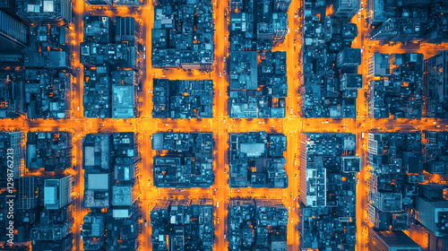 Aerial view of a bustling city with vibrant streets illuminated by lights at night.