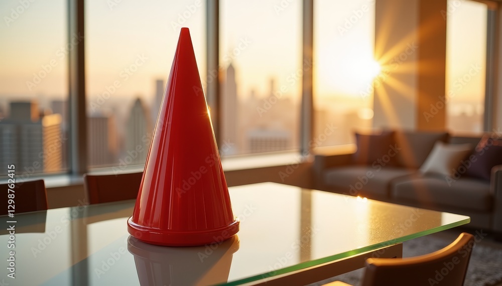 Glossy red cone on reflective table with city skyline, urban elegance Glossy red cone on reflective table with city skyline, urban elegance