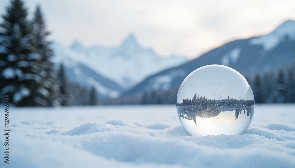 Frosted glass sphere on snow in winter landscape, serene beauty Frosted glass sphere on snow in winter landscape, serene beauty